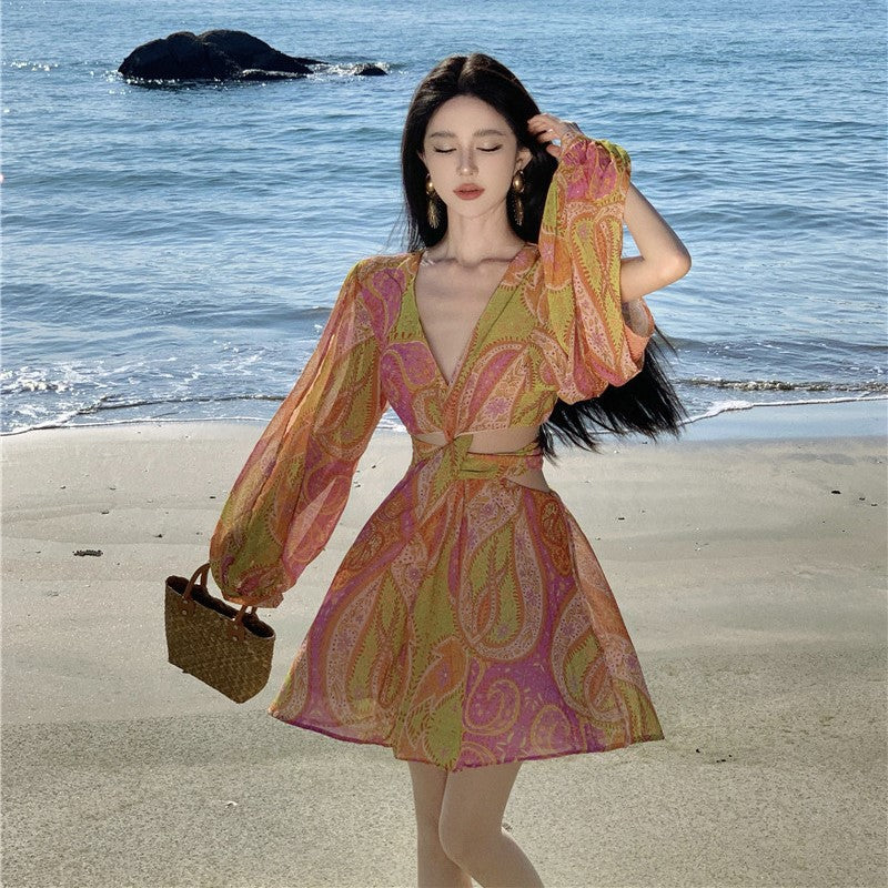 2025 Bali Sanya seaside vacation wind beach dress women's summer  sexy long-sleeved thin atmosphere dress