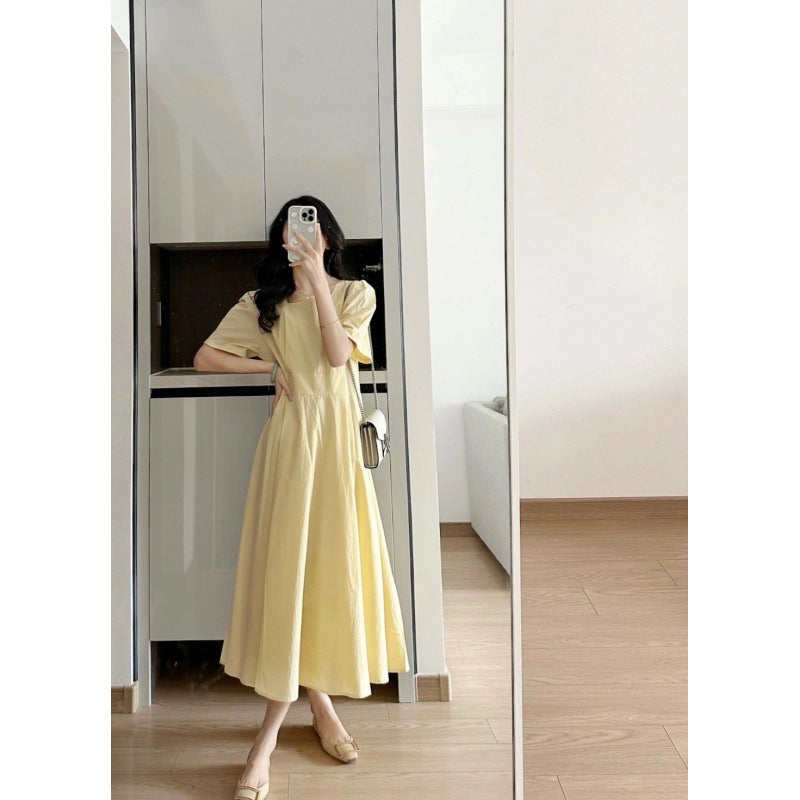 2025 Goose yellow square collar dress women's  summer new Korean version waist and thin temperament commuting elegant  dress
