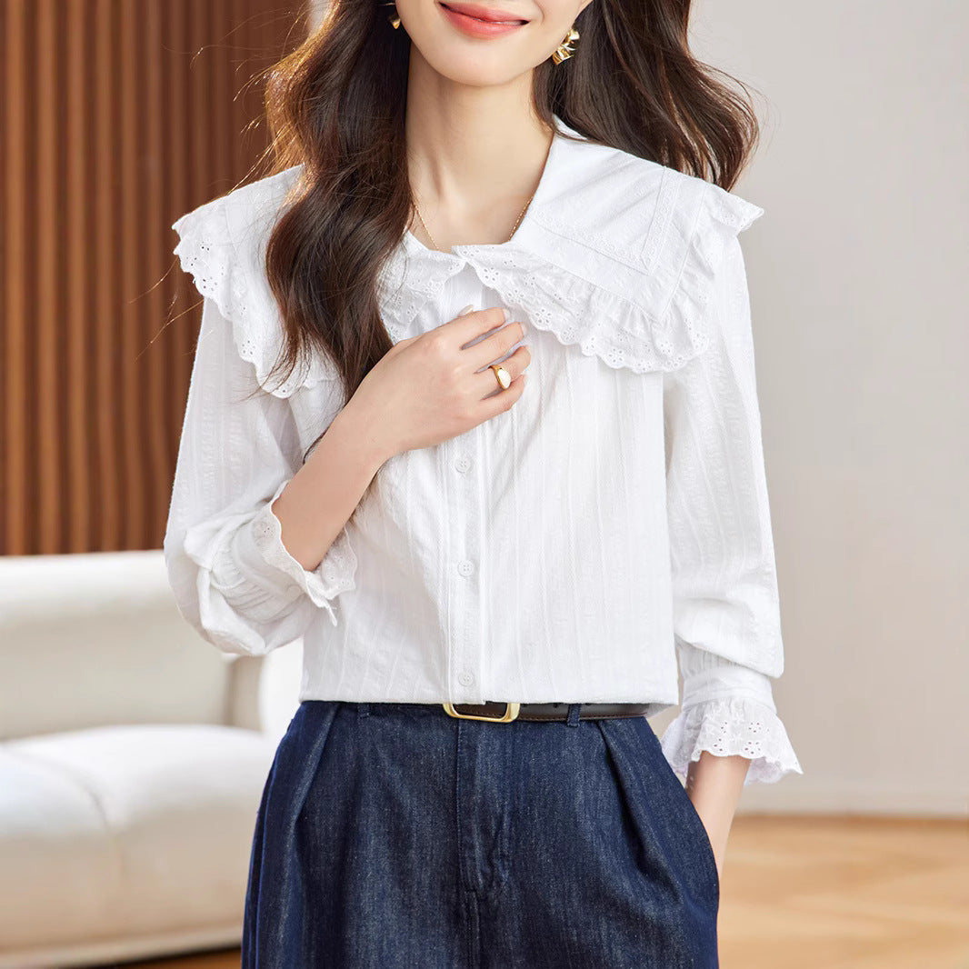 Cotton cocoon, sweet doll collar shirt women's long sleeves  spring and autumn clothes new Popular style top shirt women's shirt