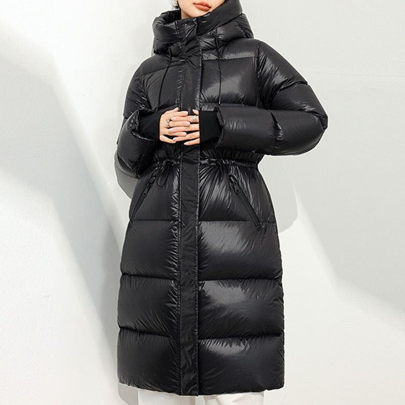 2025 90% white goose down winter new glossy thickened cold-resistant slim waist medium and long down jacket women's warm jacket