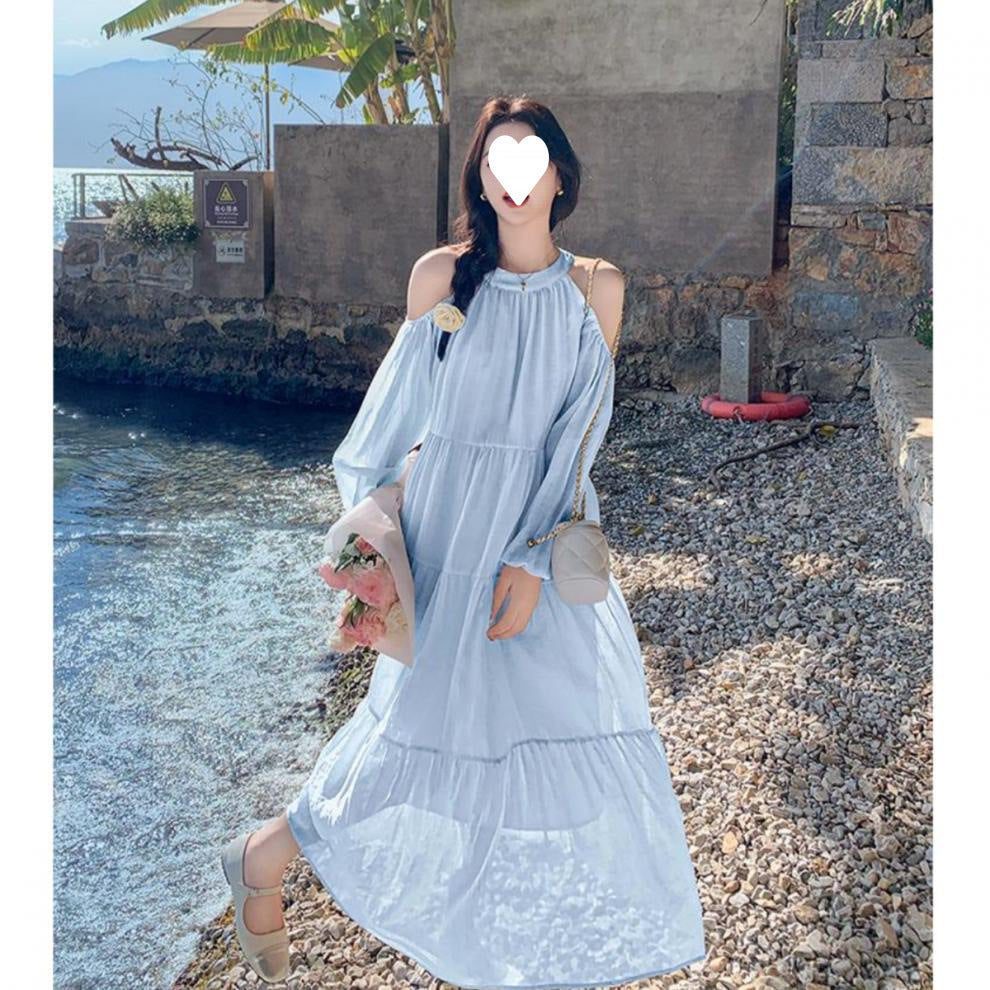 2025 Seaside vacation dress women's summer  new sweet gentle wind  temperament beautiful off-the-shoulder beach dress