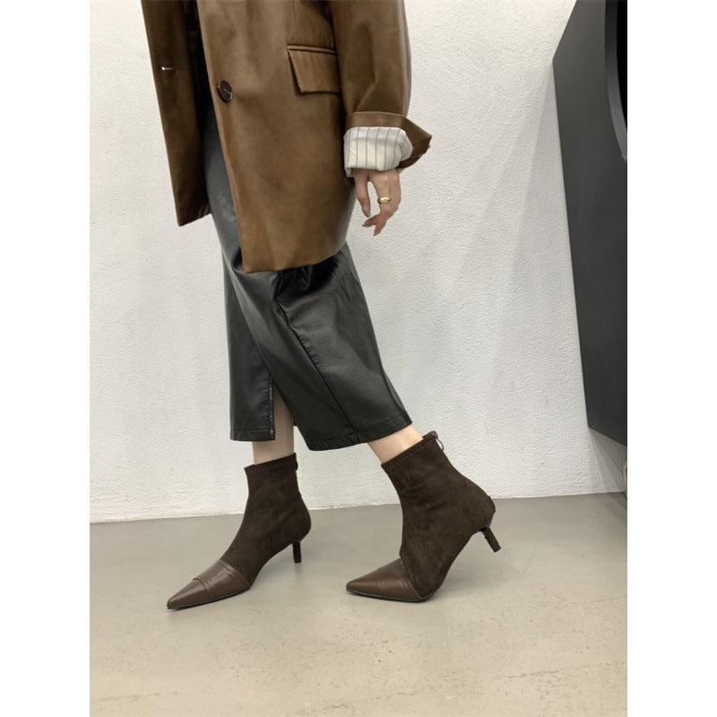 2025 Short boots women's velvet pointed head thin heel new splicing suede thin high heel short thin boots in autumn and winter of popular