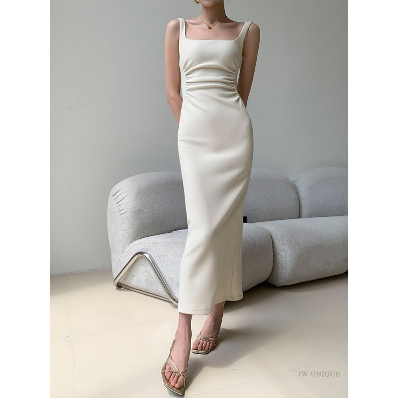 2025 Temperament white suspender dress slim-fitting summer new square collar  waist niche long skirt women's clothing