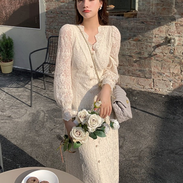 2025 Autumn and winter new lace dress  beautiful fairy dress temperament thin inner long dress popular spring first love