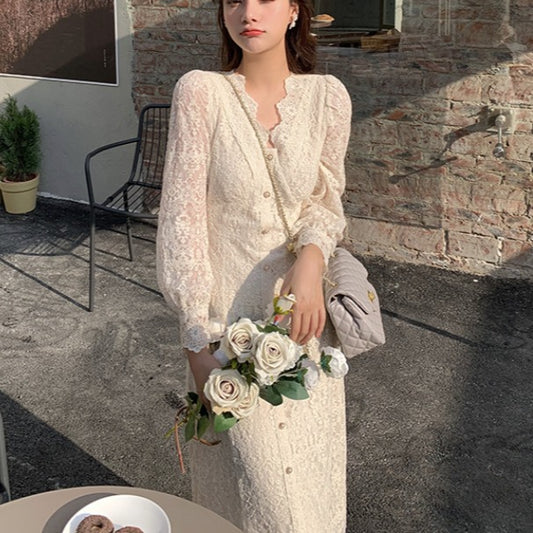 2025 Autumn and winter new lace dress  beautiful fairy dress temperament thin inner long dress popular spring first love