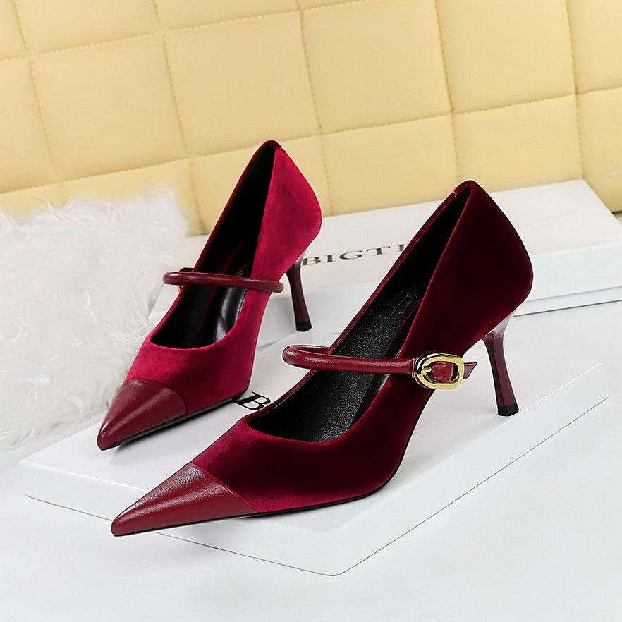 2025 9116-A1 Korean version banquet high-heeled women's shoes, thin heels, Xishi suede, shallow mouth splicing, pointed head, one-word belt, single shoes women