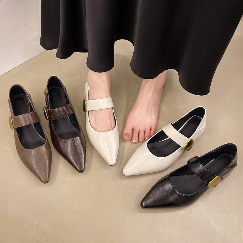 2025 thick heel Velcro shallow mouth single shoes women's popular autumn new pointed versatile Mary Jane shoes