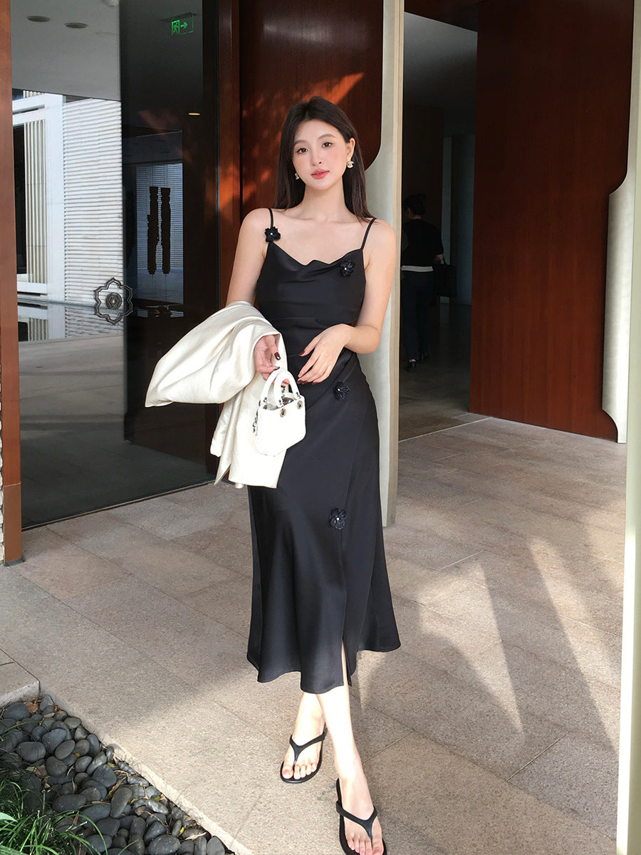 2025 Spring Clothing New Three-dimensional Nail Flower High Waist Satin Suspender Dress High-end Long Dress Children 88179