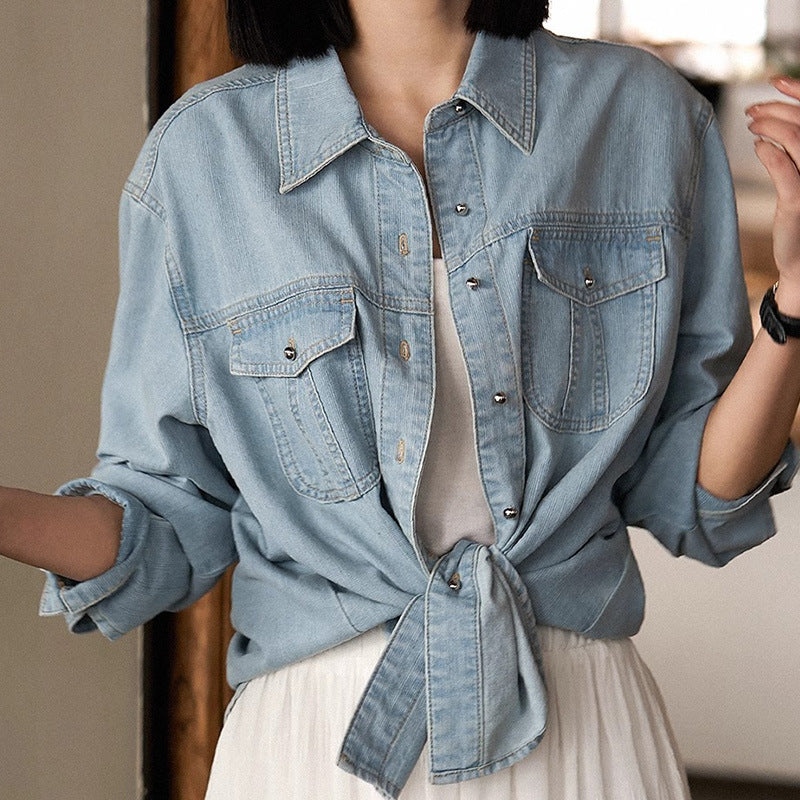 2025 Commuter stacking versatile, casual denim shirt women's spring new women's shirt blue long-sleeved top