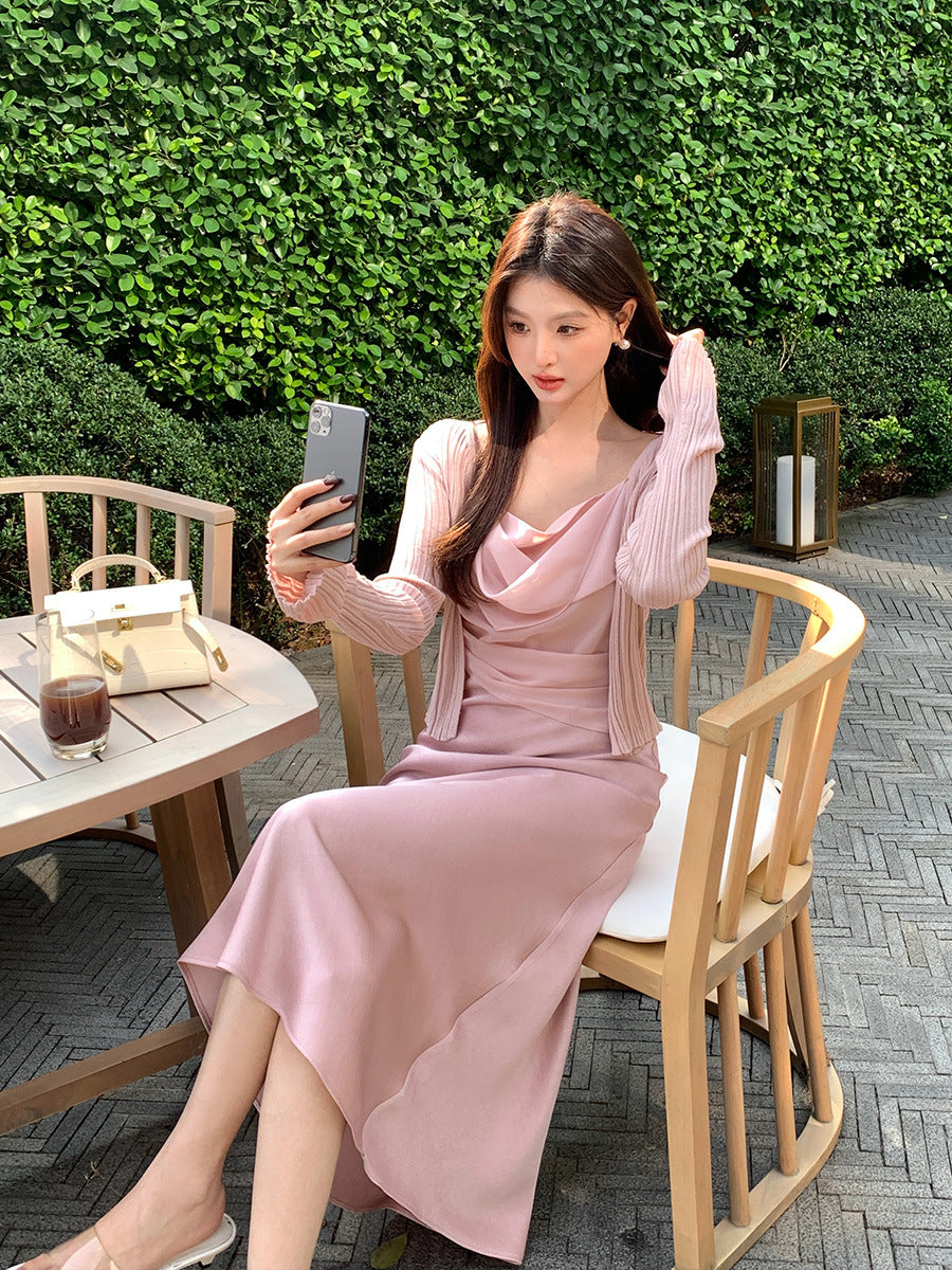 2025 Thirteen Lines  Spring and Summer New  Retro Swinging Neck Temperament Skinny Suspender Dress 88226