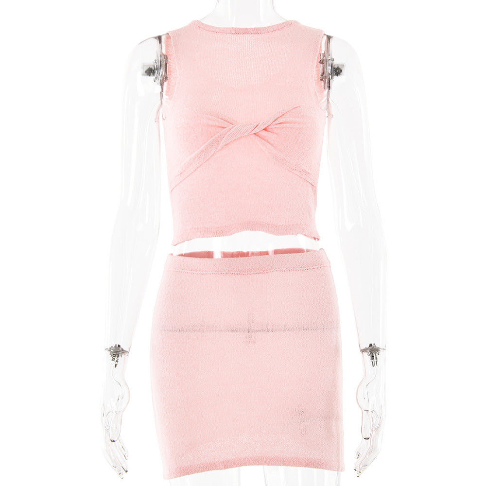2025 New new group suit women's knitted kink sleeveless top short skirt two-piece set sexy babes spring and summer