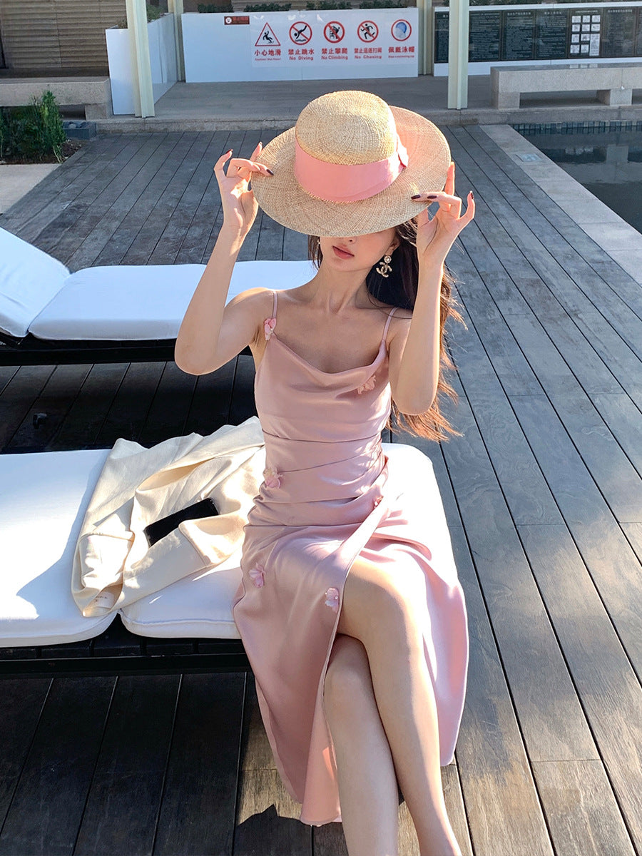 2025 Spring Clothing New Three-dimensional Nail Flower High Waist Satin Suspender Dress High-end Long Dress Children 88179