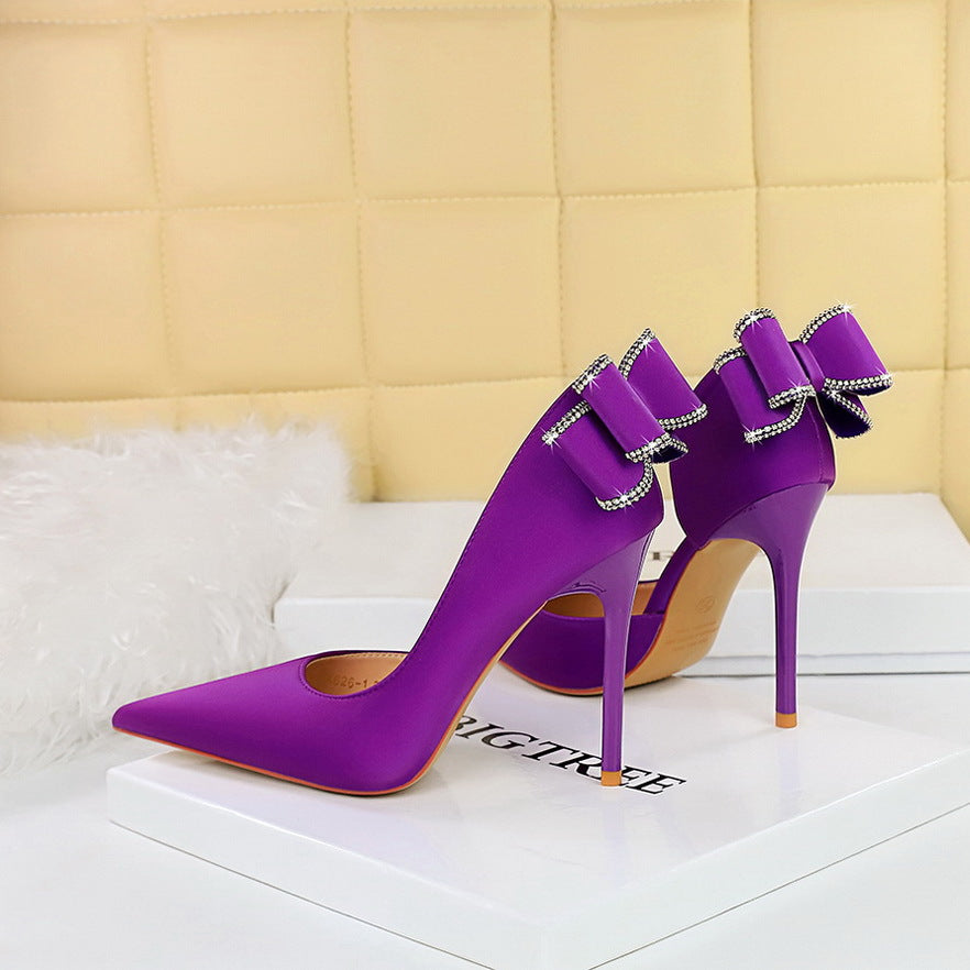 2025 626-H36M  banquet high heels stiletto high heel shallow mouth pointed side hollow rhinestone rear bow single shoes