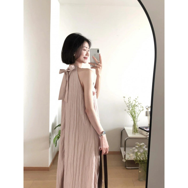 2025 Design pleated flower neck suspender dress lazy wind atmosphere super fairy pendulum holiday beach dress
