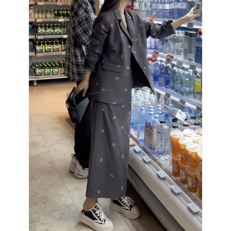 2025 autumn new temperament high-end blazer women's clothing high waist thin skirt top three-piece women's clothing