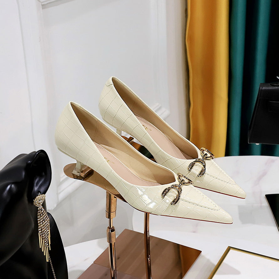 2025 237-2  women's shoes, thin heel, medium heel, shallow mouth, pointed head, retro stone pattern patent leather, metal leather buckle single shoes