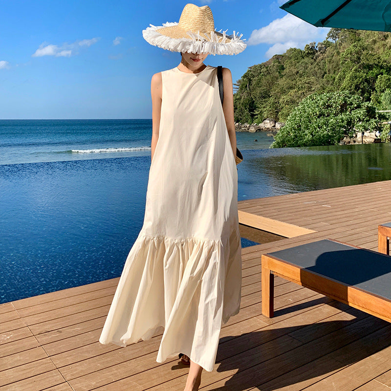 2025 Design backless sleeveless dress women's summer high-end gentle wind pleated splicing belly-covering holiday dress