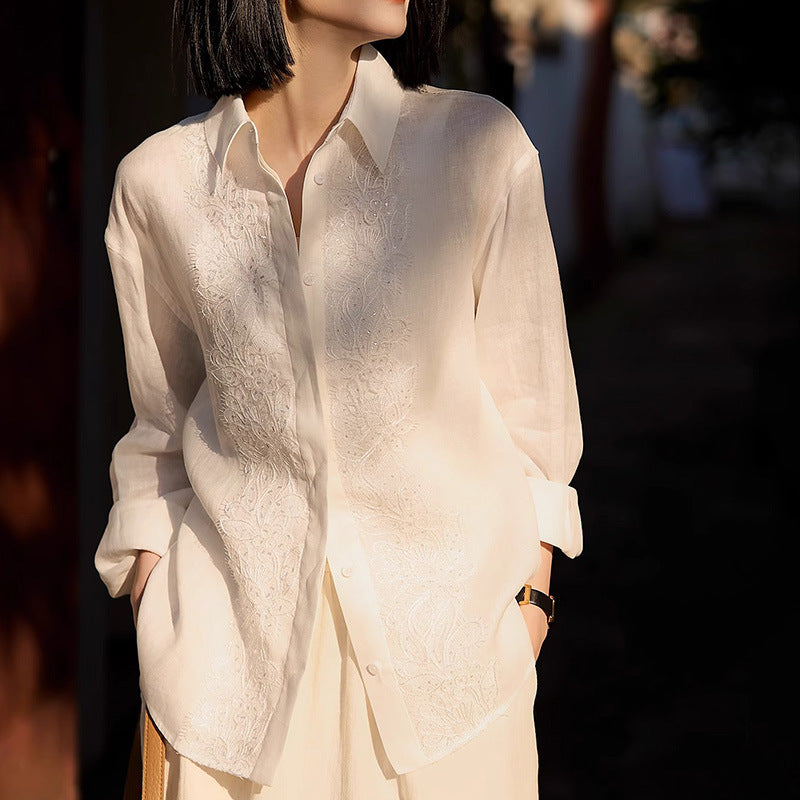 2025 Embroidered 100% linen shirt, high-end white top, women's clothing  spring new products, commuter long-sleeved shirt