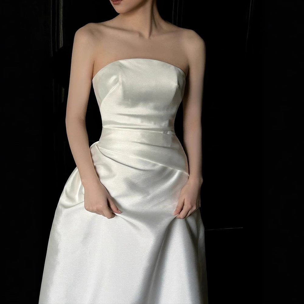 2025 tube top light wedding dress simple and high-end satin Mori bride going out yarn white engagement dress dress