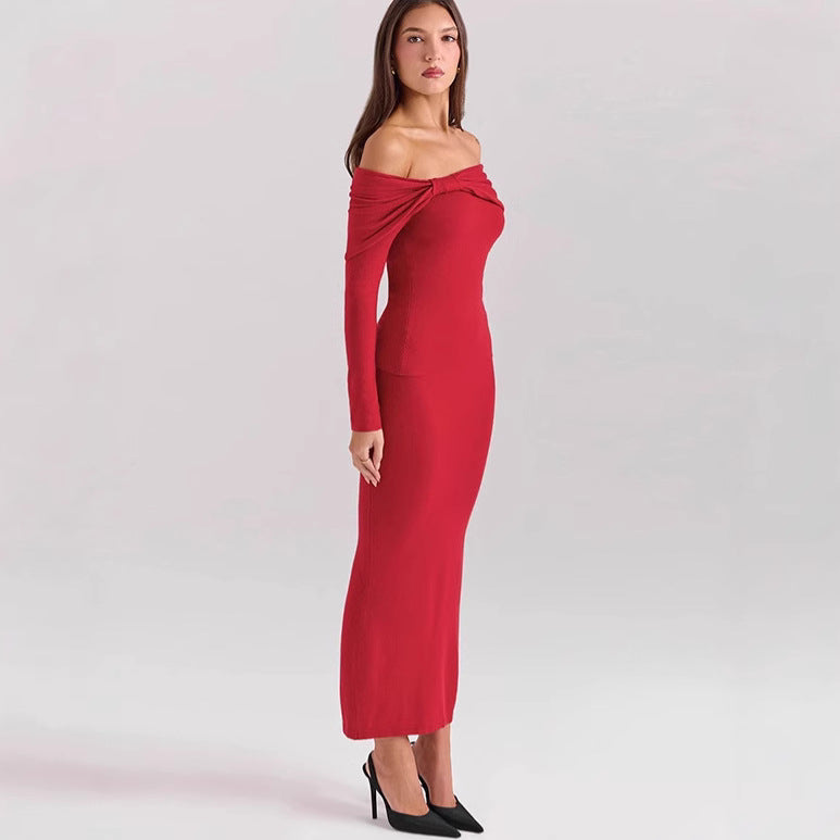 BENPAOLV 2025 Autumn and winter popular new  women's clothing sexy one-word shoulder slim-fitting long-sleeved hip-wrapped split skirt two-piece suit
