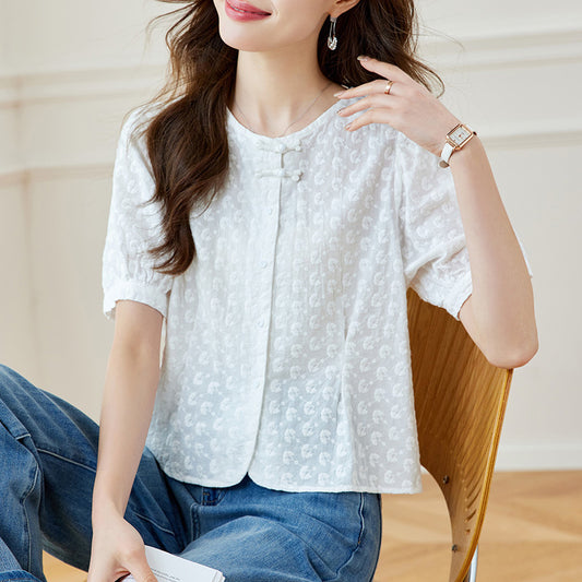 Cotton cocoon, new Chinese style craft embroidered button-up shirt women's commuter short thin and sweet top
