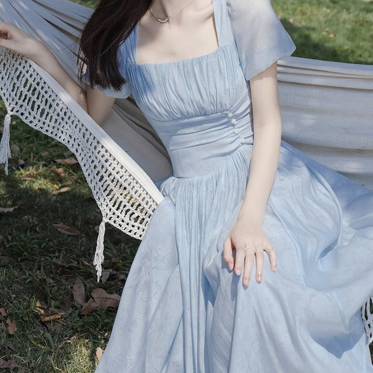 2025 waist and thin temperament socialite princess long dress gentle wind niche blue dress children summer 2025