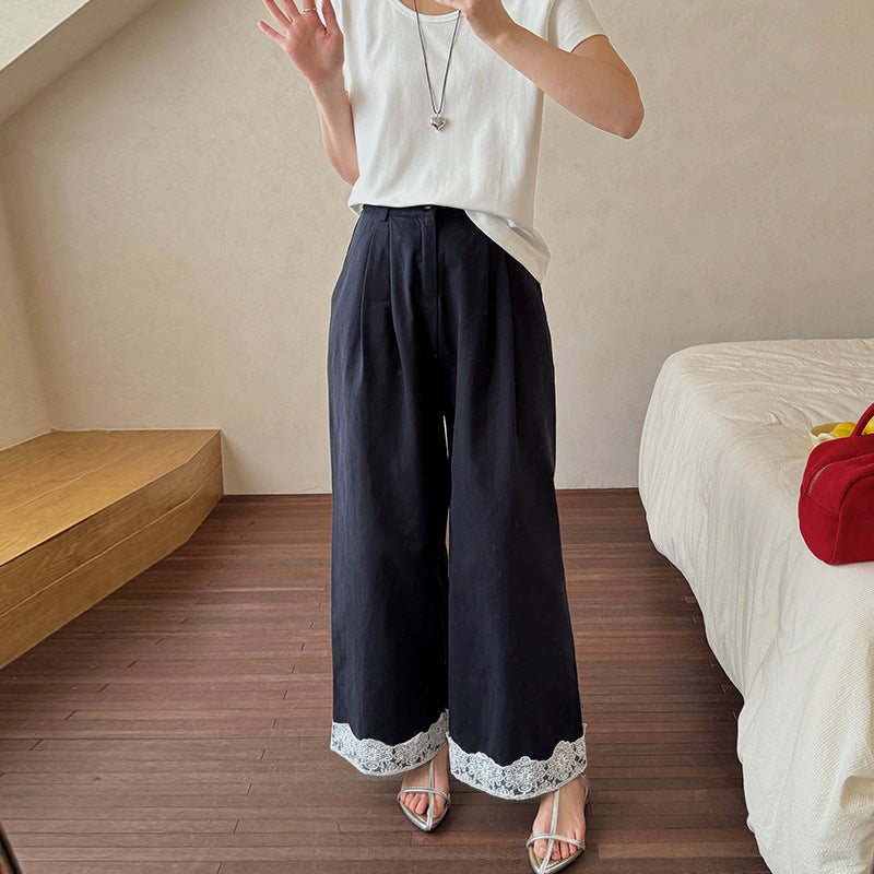 Cotton cocoon, high-waisted lace-edged wide-leg pants for women's  summer new navy blue high-casual straight-leg pants