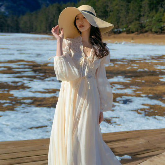 2025 Super fairy retro lace cardigan fairy trailing dress skirt morning robe single-piece skirt long high-end vacation skirt summer