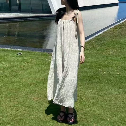 summer vacation style linen retro neck dress, high-end  style elegant skirt