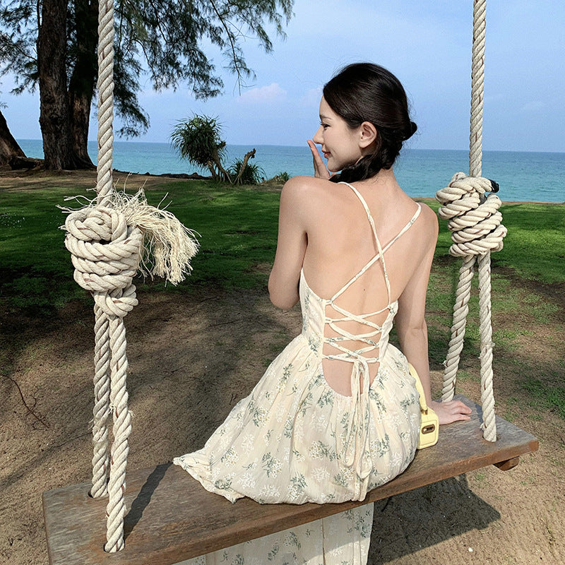 2025 Coffee break  floral suspender dress women's summer Mori small fresh seaside vacation style beautiful temperament skirt