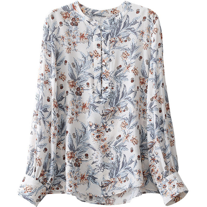 2025 Heavy double crepe mulberry silk printed shirt, floral print stand-up collar long-sleeved single-breasted silk cardigan top women
