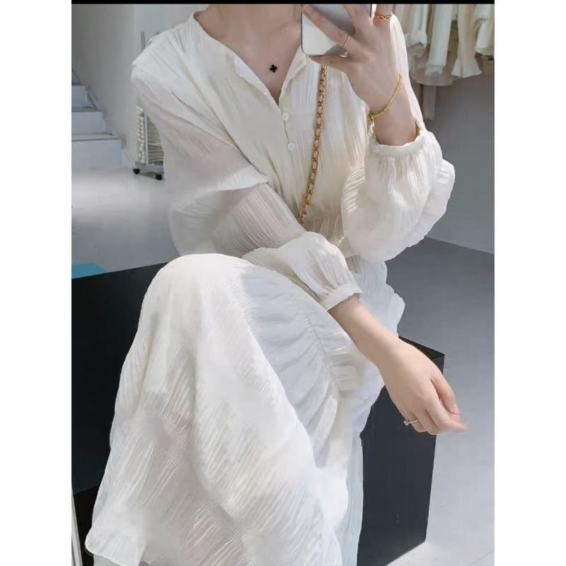 2025 Coffee break  high-end white chiffon dress women's spring and summer loose and thin gentle wear temperament dress