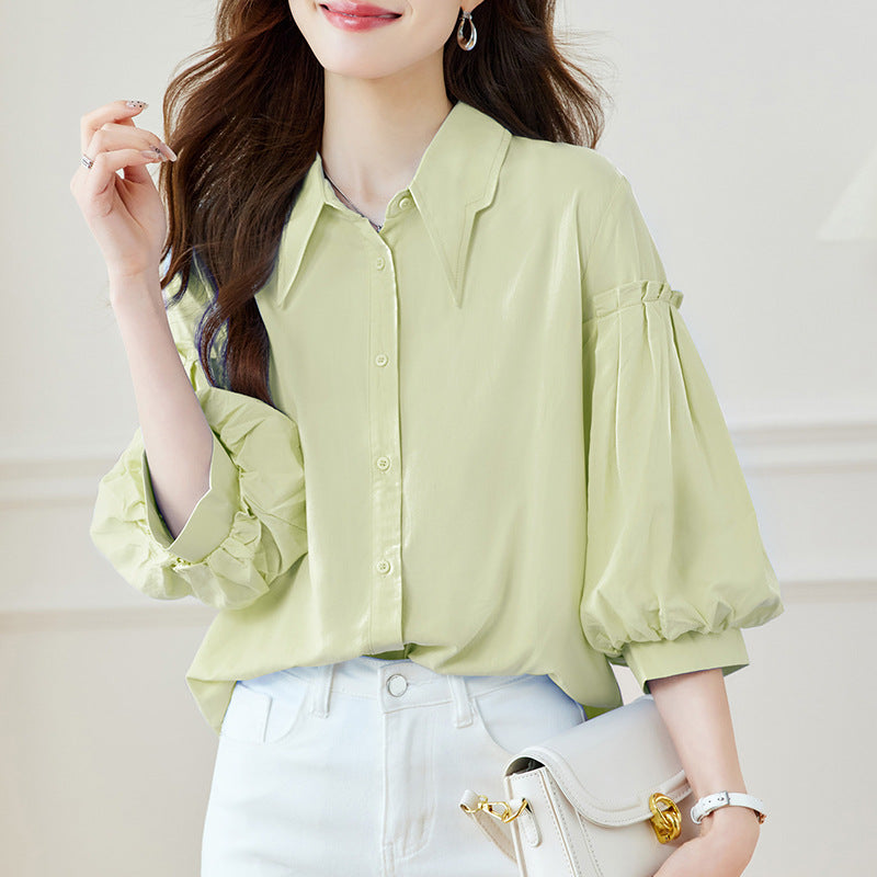 Cotton cocoon, blue shirt women's seven-quarter sleeves  spring and summer new lantern sleeves design top casual shirt