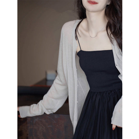Ice silk knitted cardigan women's 2025 summer with suspender skirt shirt long-sleeved thin shawl air-conditioned shirt jacket