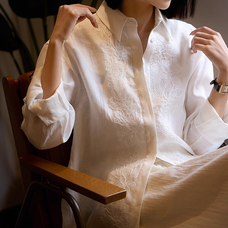 2025 Embroidered 100% linen shirt, high-end white top, women's clothing  spring new products, commuter long-sleeved shirt