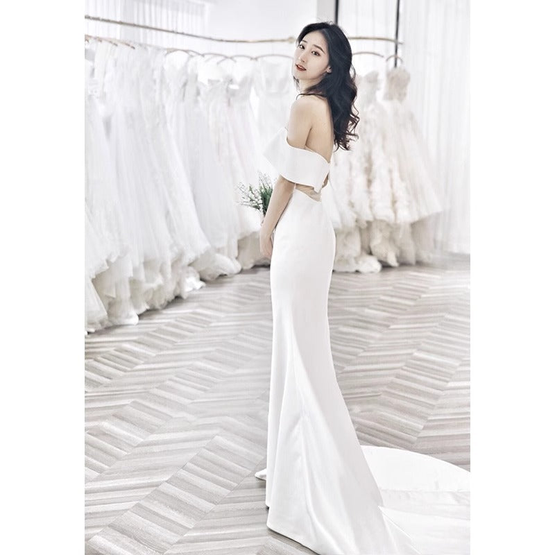 2025 One-word shoulder sexy backless satin light wedding dress simple atmosphere trailing  new thin fishtail bride wedding