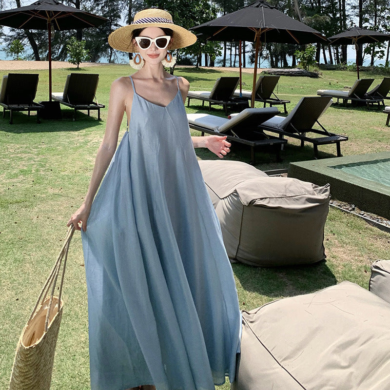 2025 Suspender dress women's design sense holiday style long dress simple temperament halter skirt  first love milk sweet long dress