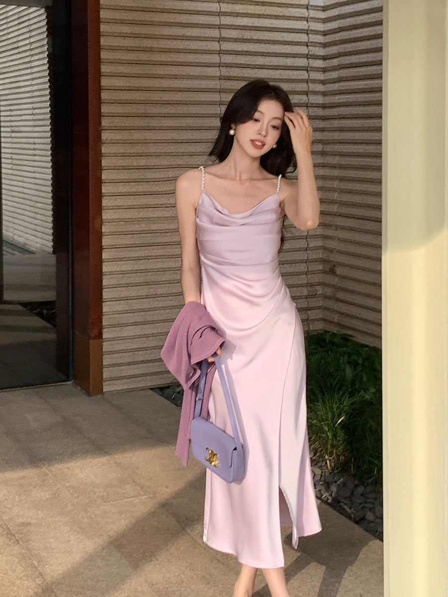 2025 spring and summer new high-waisted satin temperament suspender dress high-end long dress children 88169