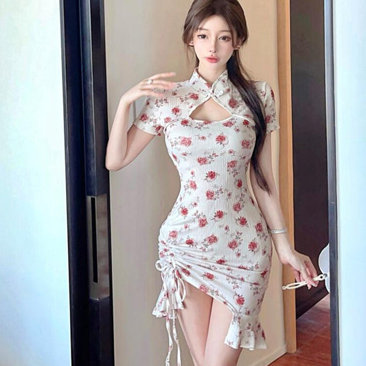 Celebrity dress women's clothing 2025 new sexy hollow improved cheongsam Popular style ruffle edge drawstring pleated dress