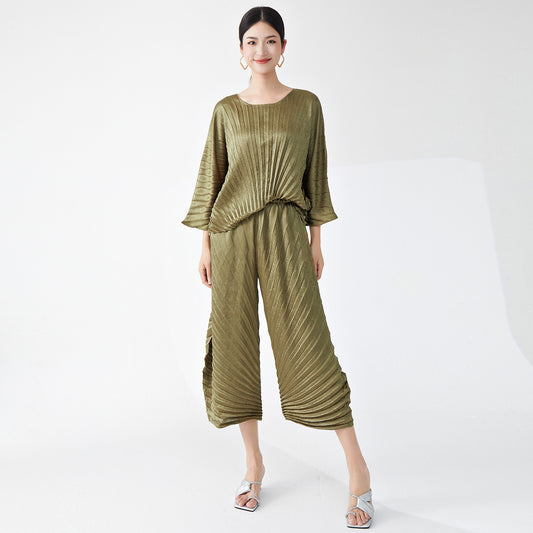 2025 Casual Suit Two-piece Women's Superior Solid Color Crew Neck Loose T-Shirt Top Irregular Casual Pants
