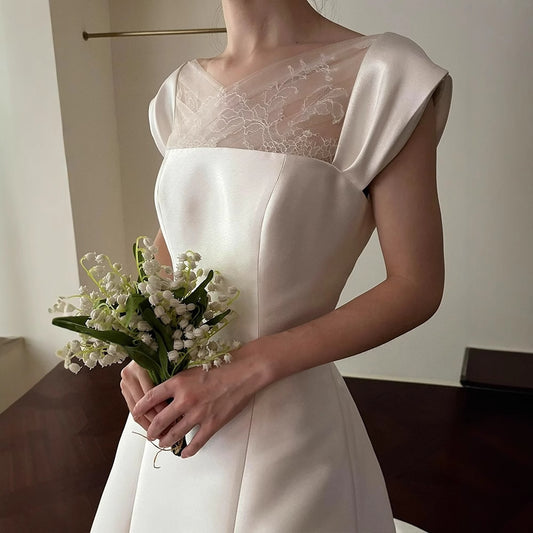 2025 Korean white light wedding dress  new simple satin small trailing out yarn birthday party evening dress