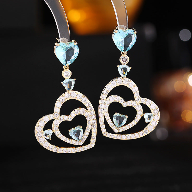 2025 S925 silver needle zircon inlaid earrings wedding dress with light luxury and high-end heart-to-heart love earrings