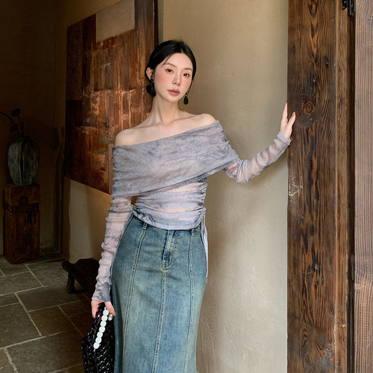 2025 spring new temperament one-word collar versatile bottoming shirt long-sleeved knitted sweater women's top 89070