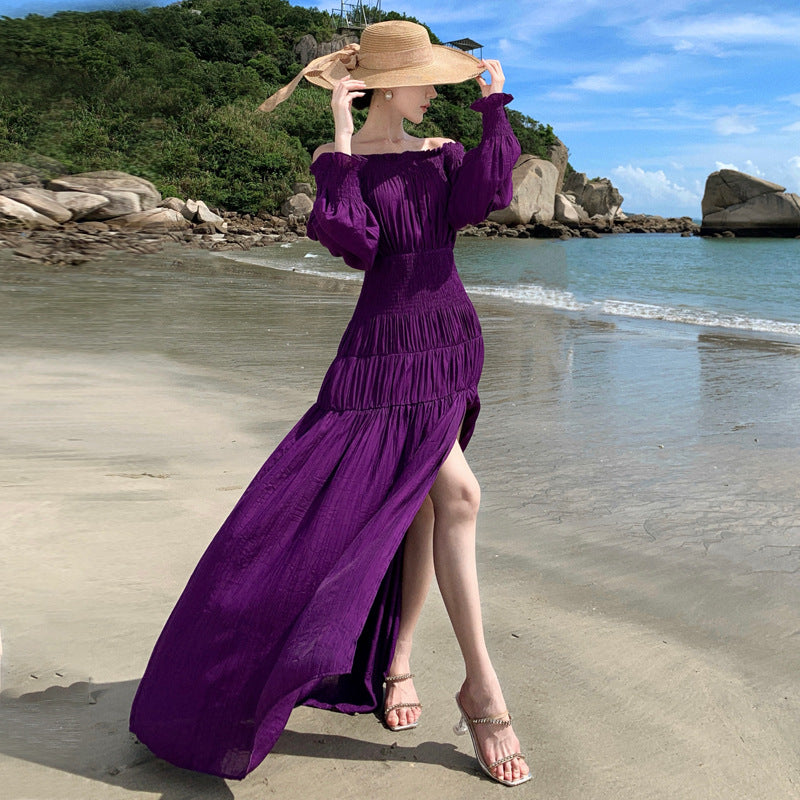 2025 Muse Fan seaside vacation wear one-word shoulder purple dress atmosphere temperament waist thin split skirt