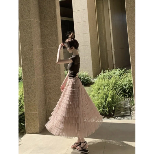 Skirt Set Women's Summer Straps Short Sleeve Top Temperament Fairy Mesh Cake Long Dress Two-piece Set