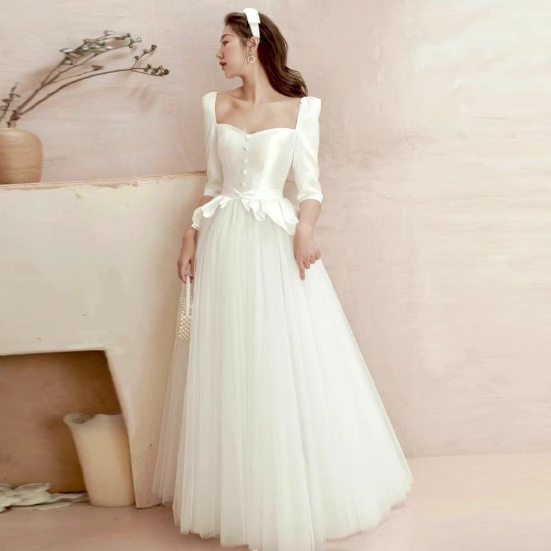 2025 white light wedding dress  new bride simple temperament small man going out yarn women's banquet evening dress
