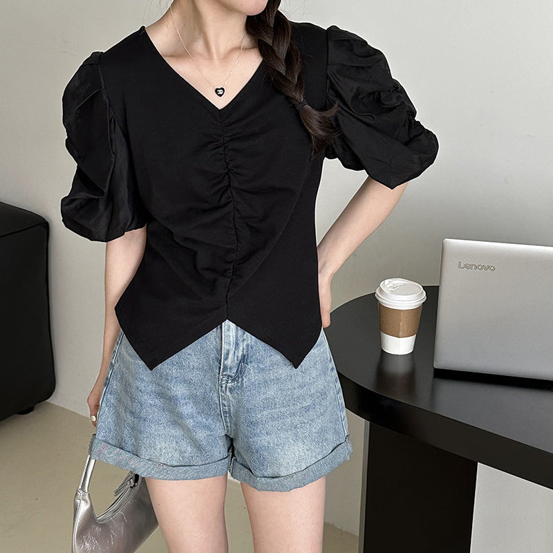 2025 popular summer pleated bubble sleeve design sense v-neck top shows  temperament solid color top 2837