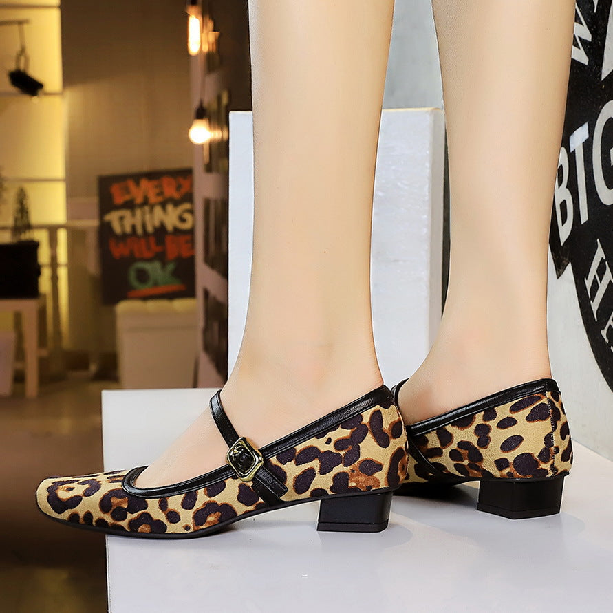2025 8292-1 Retro word with Mary Jane shoes, metal leopard print square head women's shoes, low heel thick heel suede light mouth single shoes