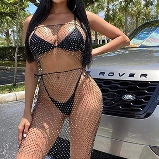 2025  YL2217  factory direct hair Popular trade supply fashionable hollow mesh fishing net clothes small vest skirt set