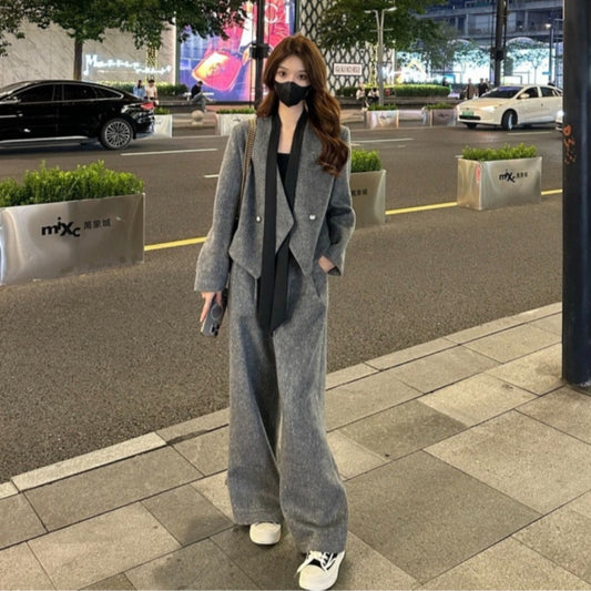 Temperament high sense V-neck streamer woolen blazer women's 2025 spring new casual straight pants two-piece set